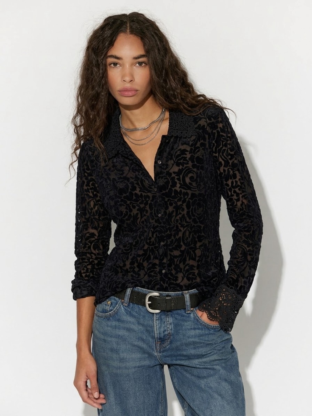 Ultra Pink Black Sheer Devoré Floral Velvet Lace Trim Button Front Top Size L